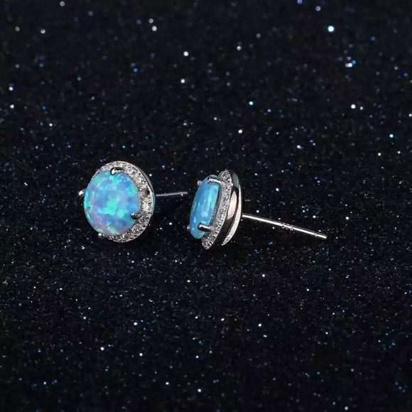 925 Sterling Silver Blue Opal Diamond Halo Stud Earrings - Picture 4 of 7